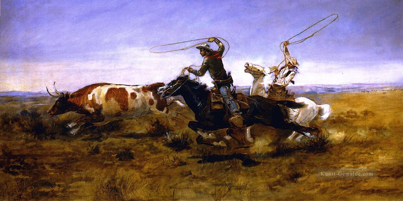 oh Cowboys die einen Ochsen abfangen 1892 Charles Marion Russell Indiana Cowboy Ölgemälde